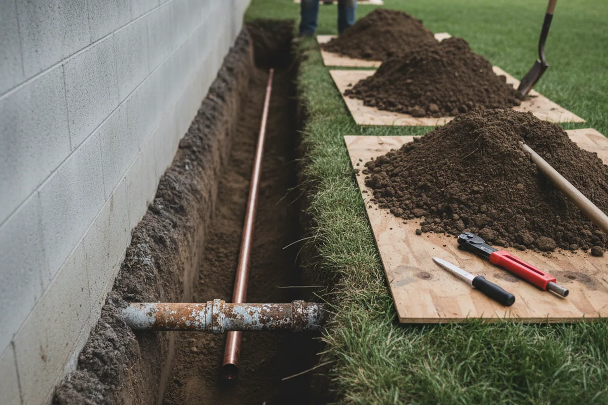 Excavated water line trench during Water Softener Installation in Saint James